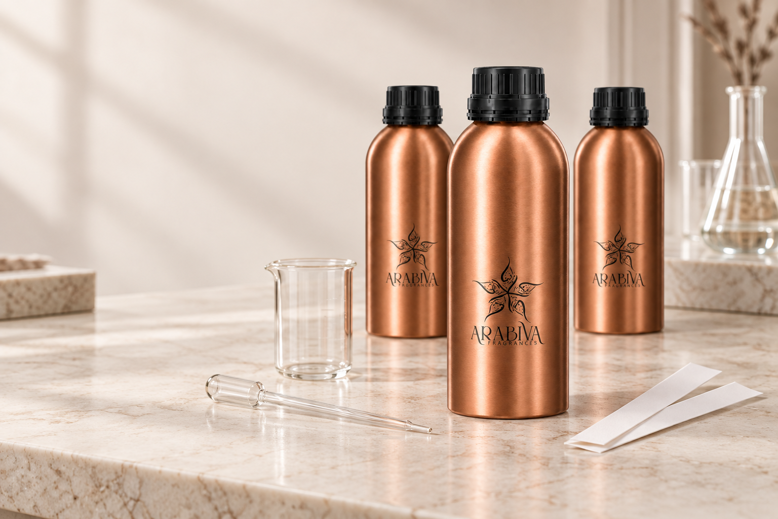 Arabiva copper bottles in a fragrance formulation atelier