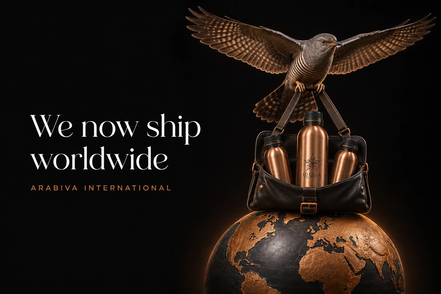 We now ship worldwide — Arabiva International. A cuckoo carries a satchel of Arabiva perfumes above the Earth.