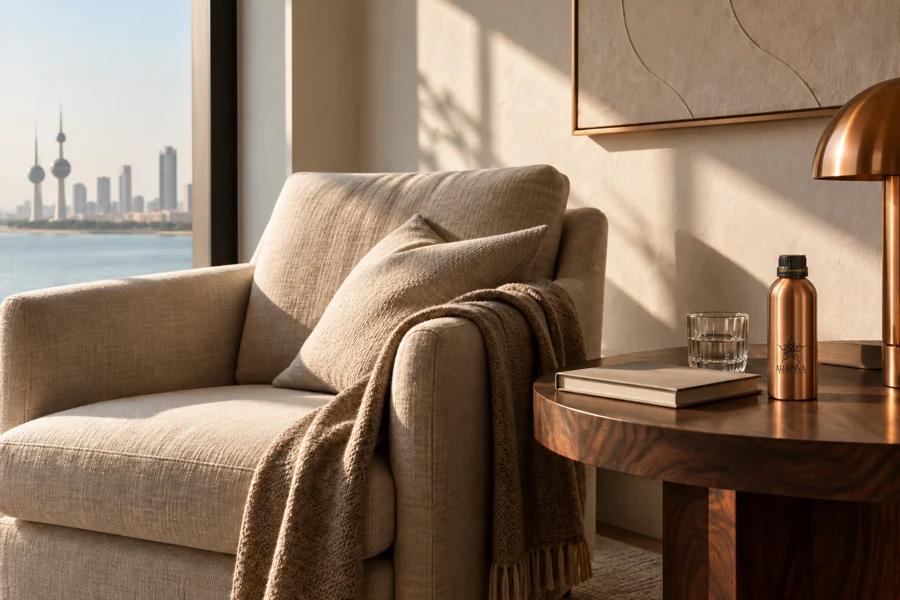 Reading corner with an Arabiva bottle